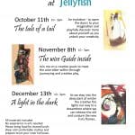 Flyer for Expressive Art Workshops at Jellyfish in Buckfastleigh, Devon, listing dates, times, descriptions, prices, and contact details for three forthcoming art sessions in October, November, and December.