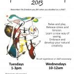 Flyer for "Expressive Art Workshops 2013" with abstract artwork, timetables for Tuesday and Wednesday sessions, contact info, and details about the workshop.