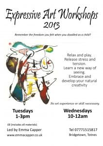 Flyer for "Expressive Art Workshops 2013" with abstract artwork, timetables for Tuesday and Wednesday sessions, contact info, and details about the workshop.