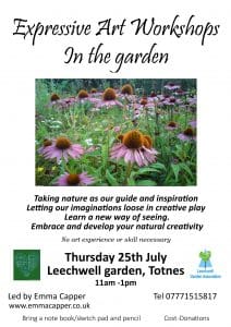 Poster for "Expressive Art Workshops in the garden" on Thursday, 25th July, 11am–1pm, at Leechwell garden, Totnes, featuring purple flowers and event details.