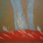 Abstract chalk drawing featuring a blue vertical shape, white lines in the centre, and red and white curved strokes at the bottom on a brown background.