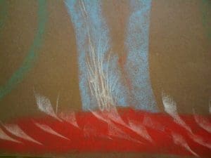 Abstract chalk drawing featuring a blue vertical shape, white lines in the centre, and red and white curved strokes at the bottom on a brown background.