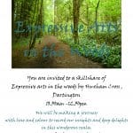 Flyer for "Expressive Arts in the Woods" event on Saturday, 15 June, in Dartington, showing a forest path and event details with contact information.