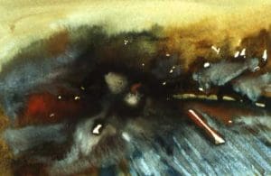 Abstract watercolour painting with dark central splash, streaks of blue and brown, and scattered white highlights on a muted background.