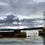 A watercolour painting of a lighthouse on a pier by the sea, with cloudy skies and calm water.