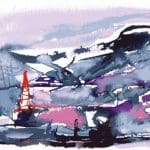 Abstract watercolour landscape with purples, blues, and pinks, featuring a red oil derrick and distant hills under a cloudy sky.
