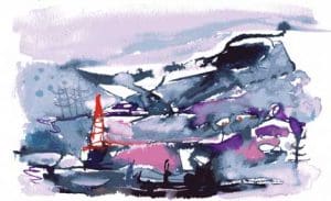 Abstract watercolour landscape with purples, blues, and pinks, featuring a red oil derrick and distant hills under a cloudy sky.