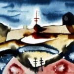 Abstract watercolour landscape with a dark sky, brown hills, a house, power lines, and red cross-like shapes reflected in a body of water.