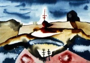 Abstract watercolour landscape with a dark sky, brown hills, a house, power lines, and red cross-like shapes reflected in a body of water.