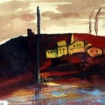 Abstract painting of a hillside with yellow buildings, dark trees, and earthy tones of red, brown, and blue under a cloudy sky.