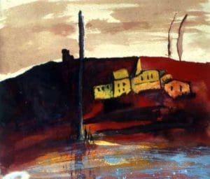 Abstract painting of a hillside with yellow buildings, dark trees, and earthy tones of red, brown, and blue under a cloudy sky.