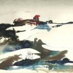 Abstract watercolour painting with sweeping brushstrokes in dark blue, brown, and black, resembling a landscape with a red accent at the top against a white background.