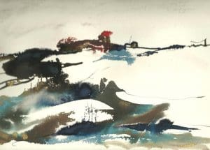 Abstract watercolour painting with sweeping brushstrokes in dark blue, brown, and black, resembling a landscape with a red accent at the top against a white background.