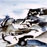 Abstract watercolour painting of a rocky landscape with flowing lines and muted tones of blue, brown, and black.