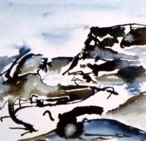 Abstract watercolour painting of a rocky landscape with flowing lines and muted tones of blue, brown, and black.