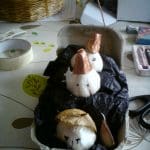 Three white onions with drawn faces and foil hats are placed in a carton lined with black paper, set on a table with craft supplies around.
