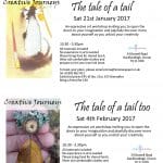 Flyer advertising two expressive art workshops titled "The tale of a tail" and "The tale of a tail too" with event details, images of crafts, dates, location, pricing, and contact info.