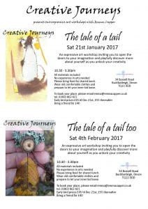 Flyer advertising two expressive art workshops titled "The tale of a tail" and "The tale of a tail too" with event details, images of crafts, dates, location, pricing, and contact info.