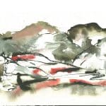 Abstract watercolour painting with green, brown, and red brushstrokes, featuring organic shapes and flowing lines on a white background.