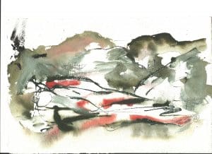 Abstract watercolour painting with green, brown, and red brushstrokes, featuring organic shapes and flowing lines on a white background.