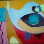 Abstract painting with bold colours and shapes, featuring a large black oval with a green circle, blue lines, yellow, red, and pink areas, and flowing, curved forms throughout.