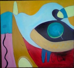 Abstract painting with bold colours and shapes, featuring a large black oval with a green circle, blue lines, yellow, red, and pink areas, and flowing, curved forms throughout.