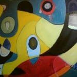 Abstract painting with bold shapes in yellow, red, blue, and black, featuring circular and oval forms resembling eyes and faces, with overlapping lines and sections.
