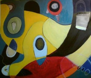Abstract painting with bold shapes in yellow, red, blue, and black, featuring circular and oval forms resembling eyes and faces, with overlapping lines and sections.