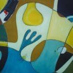 Abstract painting with overlapping shapes and sections in blue, yellow, brown, and white, featuring a hand, a house, a heart, and a small insect-like figure.