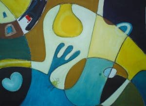 Abstract painting with overlapping shapes and sections in blue, yellow, brown, and white, featuring a hand, a house, a heart, and a small insect-like figure.