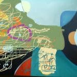 Abstract painting with colourful swirls, scribbles, circles, and overlapping shapes in green, blue, yellow, orange, and red tones.