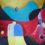 Abstract painting with bold colours and geometric shapes, featuring curved black and red forms, blue and yellow sections, and circular elements on a multicoloured background.