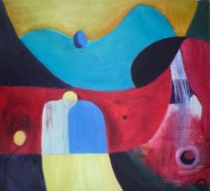 Abstract painting with bold colours and geometric shapes, featuring curved black and red forms, blue and yellow sections, and circular elements on a multicoloured background.