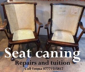 Two wooden chairs with newly caned seats and backs. Text: "Seat caning. Repairs and tuition. Ring Emma 07771515817.