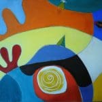 Abstract painting with curved shapes in blue, yellow, orange, and white, featuring a yellow spiral at the centre and a red, three-pronged form on the left side.