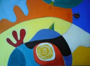 Abstract painting with curved shapes in blue, yellow, orange, and white, featuring a yellow spiral at the centre and a red, three-pronged form on the left side.