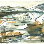 Abstract watercolour painting featuring flowing brushstrokes in green, black, blue, and orange tones, with layered shapes and organic patterns suggesting a landscape.