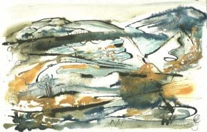Abstract watercolour painting featuring flowing brushstrokes in green, black, blue, and orange tones, with layered shapes and organic patterns suggesting a landscape.