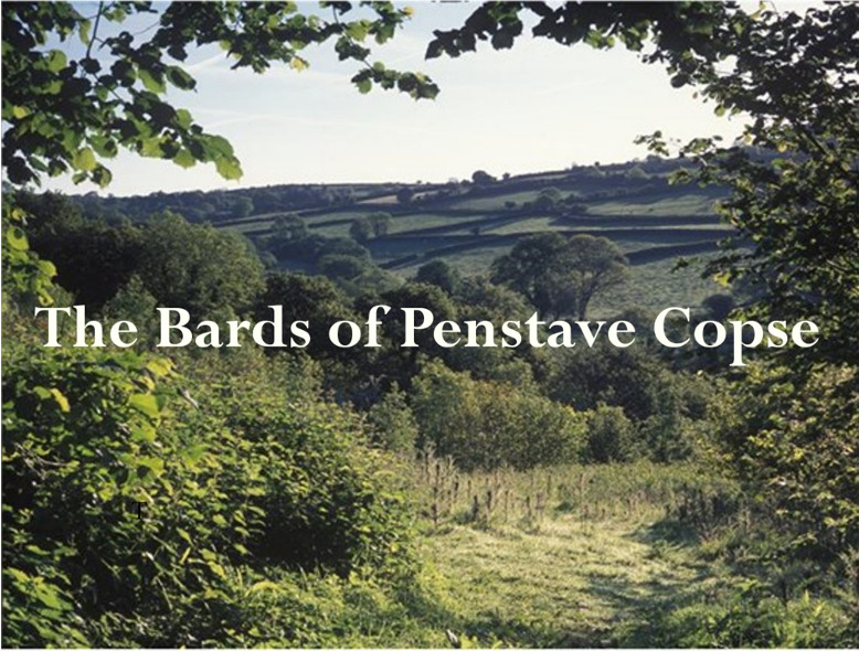 A scenic view of a green, leafy valley and distant hills under a blue sky, with the text "The Bards of Penstave Copse" overlaid in white letters.