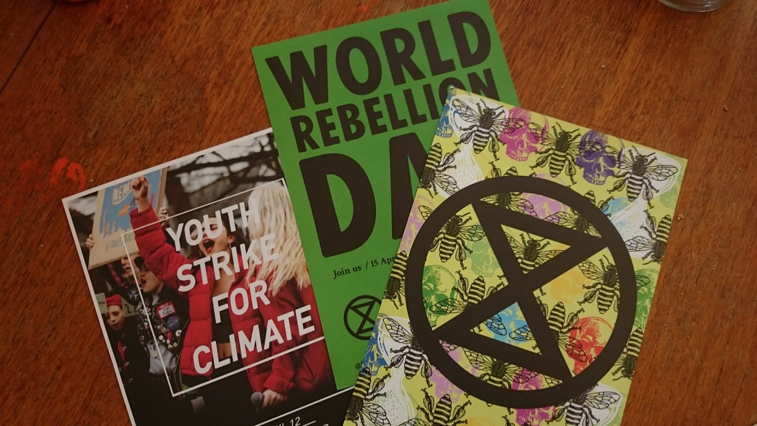 Three protest flyers on a table: one reads “YOUTH STRIKE FOR CLIMATE,” another says “WORLD REBELLION DAY,” and the third features bees and the Extinction Rebellion logo.