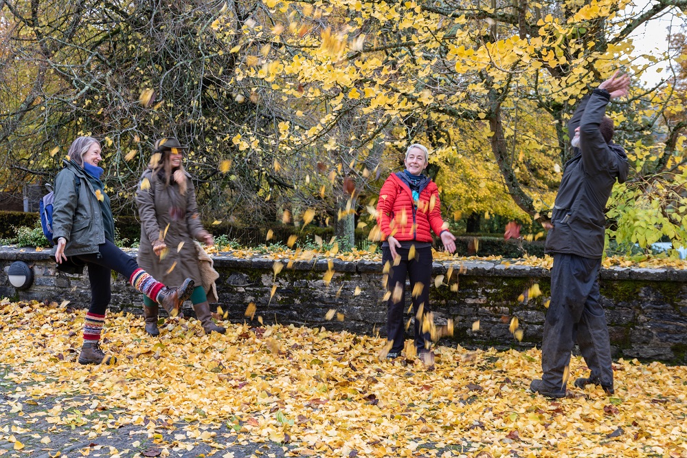 Four people stand outdoors, surrounded by autumn leaves, smiling and playing as leaves are thrown in the air. Trees and a stone wall are visible in the background.
