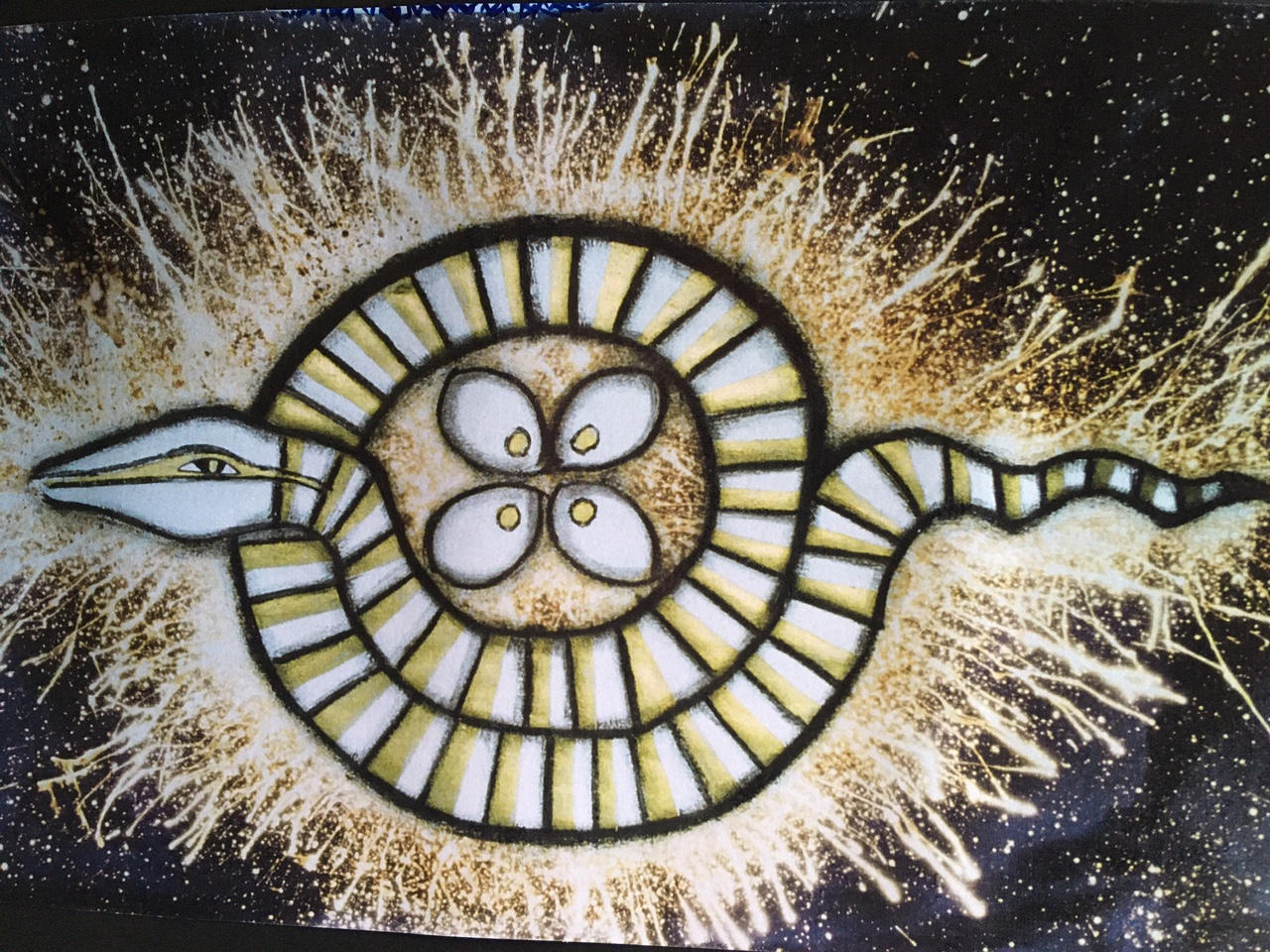 Illustration of a coiled, striped serpent with a flower-like shape in the centre, surrounded by a burst of yellow and white against a dark background.