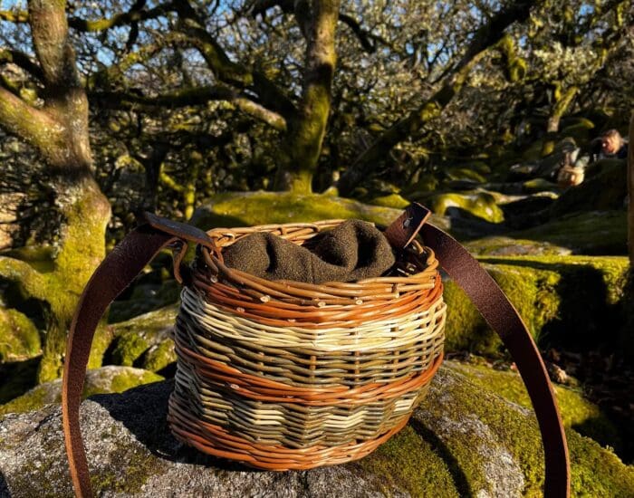 A woven basket with a fabric cover and leather shoulder straps sits on a mossy rock, with leafless trees and blue sky in the background.