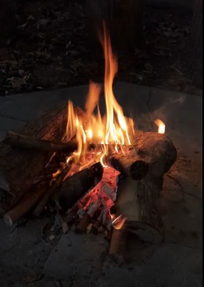 A small campfire burns with visible flames and glowing embers, surrounded by logs on a concrete surface.