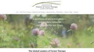 Screenshot of the Association of Nature & Forest Therapy website homepage, featuring text about ancient traditions and modern research over a blurred field of flowers.