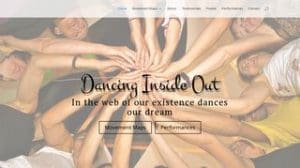 A group of people lying in a circle extend their arms inward, touching hands at the centre. Text overlay reads: “Dancing Inside Out. In the web of our existence dances our dream.”.