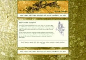 Screenshot of a website with a nature-themed design, featuring a header with Glennie Kindred's name and a section titled "Native Plants and Trees" describing guide content.