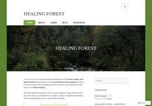 Screenshot of the Healing Forest website homepage, featuring a forest background, navigation menu, and an introductory text about nature healing and mindfulness.