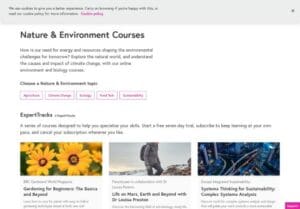 Screenshot of a webpage listing Nature & Environment courses, with options like Agriculture, Climate Change, Food, and Sustainability, plus featured course previews and a cookie consent banner.